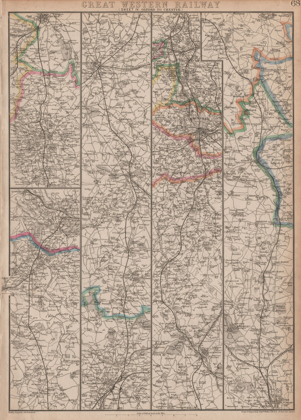 GREAT WESTERN RAILWAY 4. Oxford to Warwick Birmingham & Chester.WELLER 1862 map